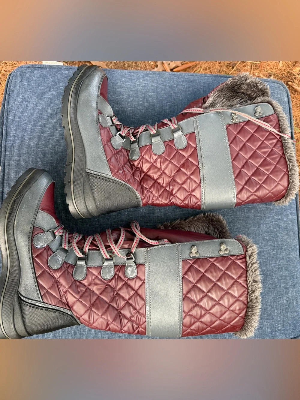 Women's Quilted Faux-Fur Winter Boots - Gray and Burgundy- waterproof